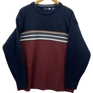 VTG 90's Men's Pullover Sweater XL Navy Red Stripe Crew Neck Long Sleeve Acrylic